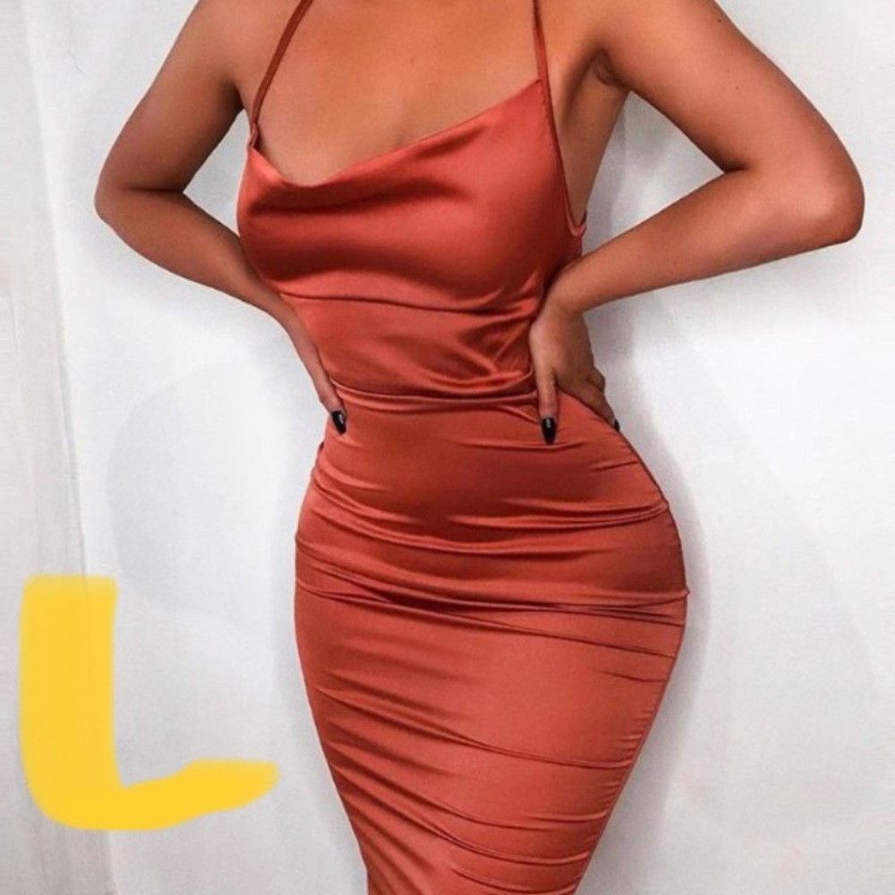 Orange drape neck rouched dress